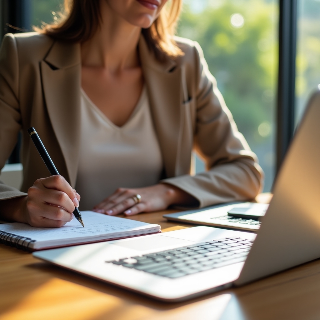 Profesionist scriind un text structurat la birou, cu accent pe claritate