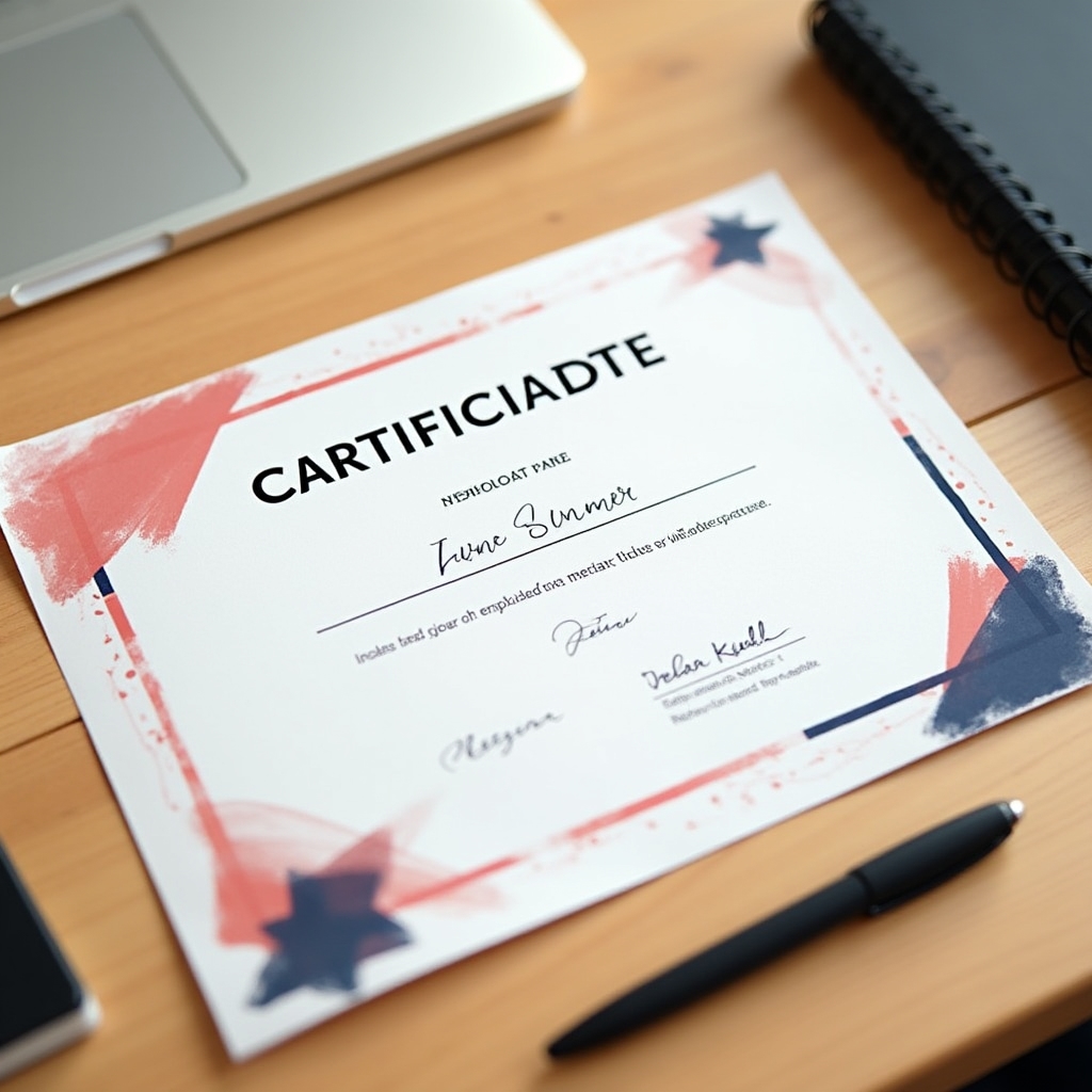 Certificat de participare tipărit, așezat pe un birou de lucru alături de un caiet și un pix