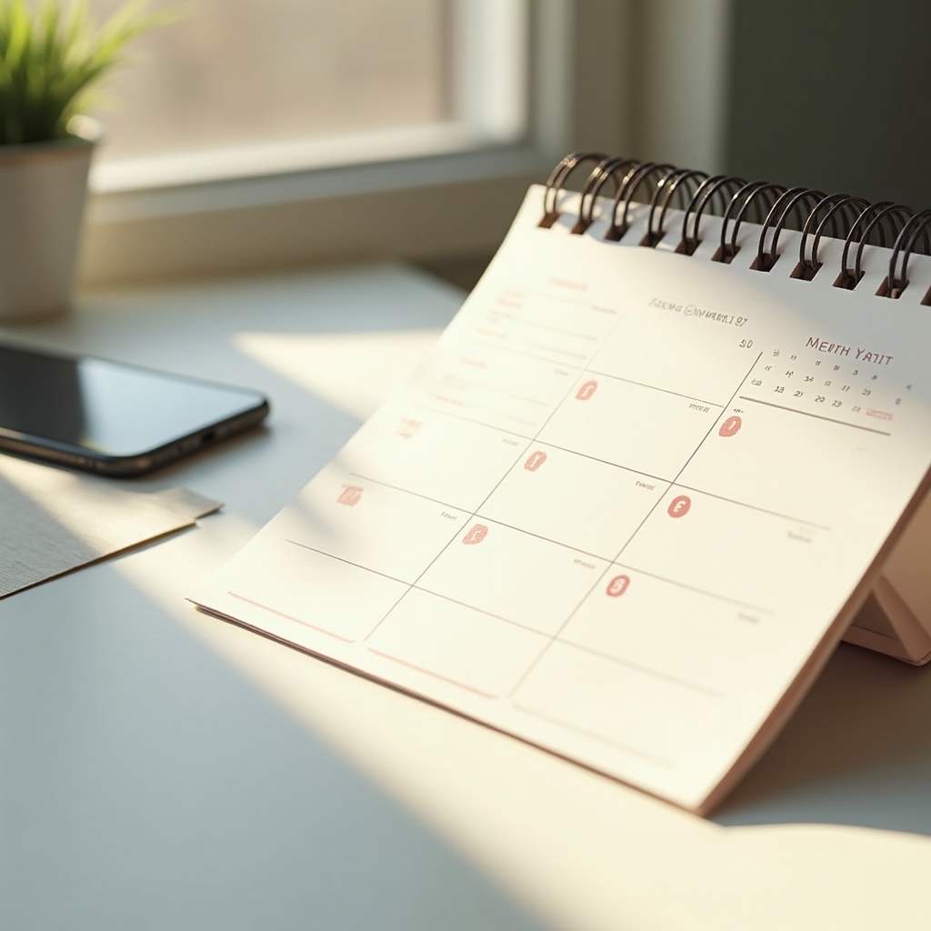 Calendar de planificare a postărilor profesionale așezat pe un birou de lucru